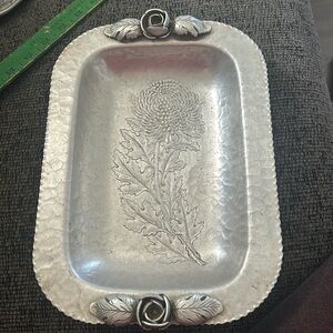 Vintage silver look, chrysanthemum rose handled aluminum tray